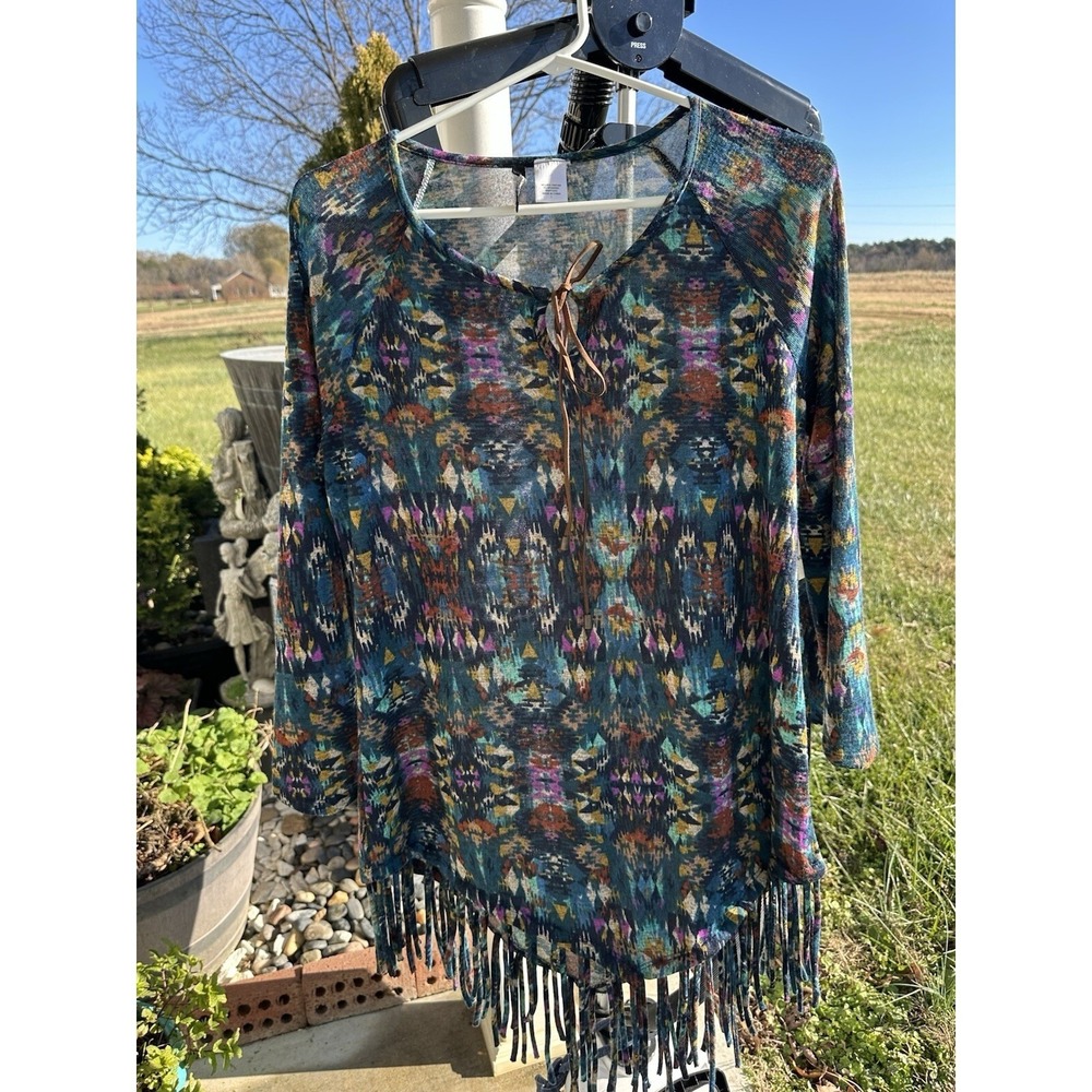 New Directions Womens Ikat Print Fringe Hem Lace Up Top Teal Multi Size L NWT